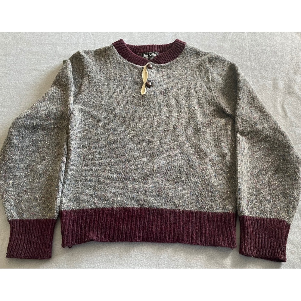 Bernette Vintage Wool Donegal Tweed Sweater Grey‎ Burgundy Henley USA Made Small